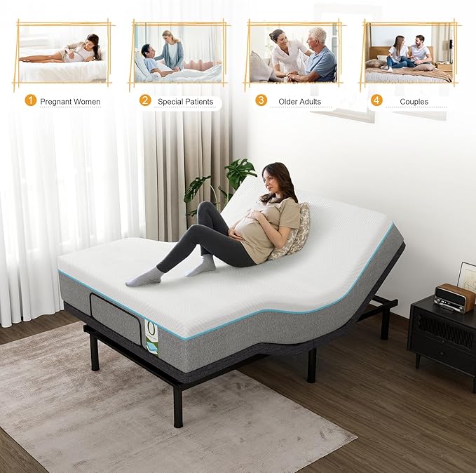 MUUEGM Adjustable Bed Base Frame, Ergonomic Electric Bed Bases with Wireless Remote Control and Head-Pillow-tilt, USB A&C, Massage, Zero Gravity, Anti-Snore, Full