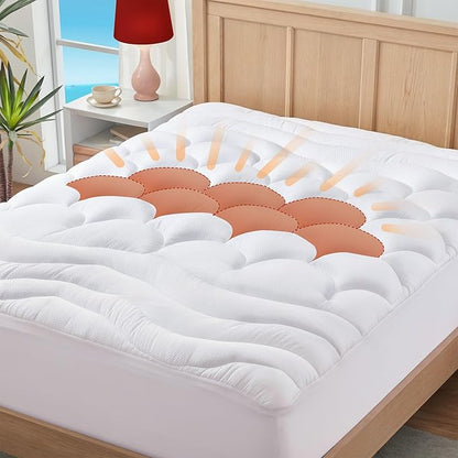 King Mattress Pad for Back & Hip Pain Relief, Pillow Top Cooling Bed Topper Quilted Fitted, Hotel Quality Deep Pocket Soft King Mattress Protector Cover Washable (78x80 inch, White)