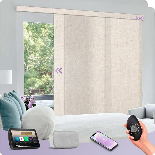 Graywind Rechargeable Smart Sliding Panels Compatible with Alexa Google Motorized Panel Track Blinds Remote Control for Patio Sliding Door Closet Door Width Up to 177" Custom Size (Linen Beige)