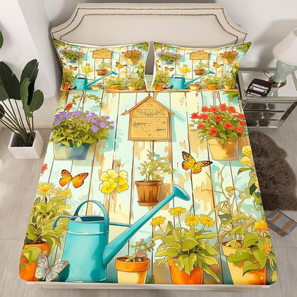 Manfei Gardening Kids Sheet Queen Size,Potted Plants Flowers Butterfly Bedding Set,Boys Girls Room Decor,Geometric Wooden Plank Rustic Green Brown Bed Sheet Set 4pcs(Fitted + Flat + 2 Pillowcases)