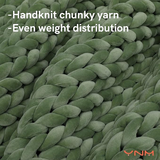 YnM Velvet Weighted Blanket, Handmade Chunky Knitted Design, Soft and Cozy, Temperature Regulating and Breathable, Machine Washable Throw for Sleep or Home Decor (Avocado Green, 80x87 Inch, 25lbs)