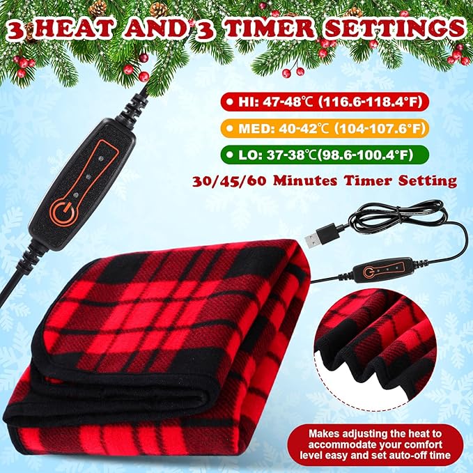 Tuanse 2 Pcs USB Heated Blanket 25"x35" Small Portable 5v 3 Setting Electric Blanket with Timer and Temperature Controller Winter Wearable Recharge Throw for Travel Home(Red and Black Stripes)