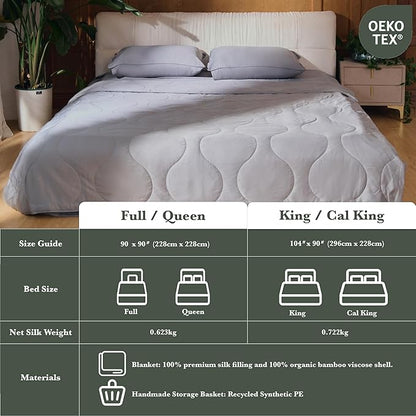 Silk Comforter Queen Size | 100% Mulberry Silk Fill with Organic Bamboo Viscose Shell | Summer Cooling Blanket for Hot Sleepers, Lightweight Breathable All-Season Bedding (Ice Grey, 90"x90")