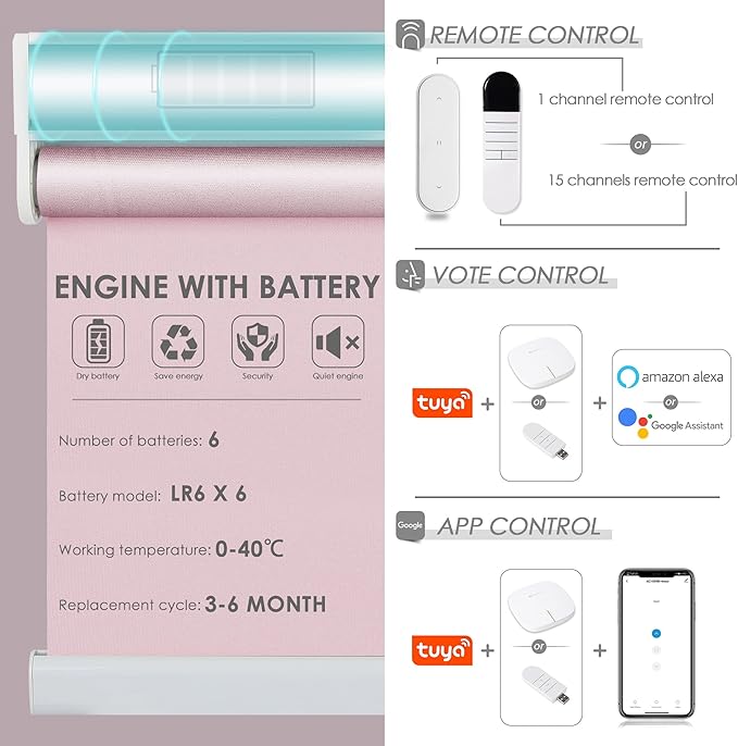 Allesin Motorized Roller Shade Blinds Work with Alexa for Window, 100% Blackout Smart Shades Cordless with Remote Control, Electric Automated Blinds for Window, Customized Size for Smart Home (Pink)