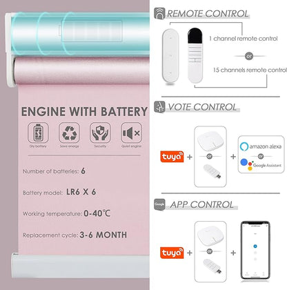 Allesin Motorized Roller Shade Blinds Work with Alexa for Window, 100% Blackout Smart Shades Cordless with Remote Control, Electric Automated Blinds for Window, Customized Size for Smart Home (Pink)