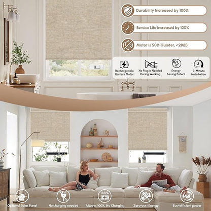 Kincmo No Drill Motorized Blinds with Remote, 100% Blackout Roller Shades for Windows, Custom Electric Blinds Compatible with Alexa, Apple Homekit, Google Home (100% Blackout Linen Caramel)