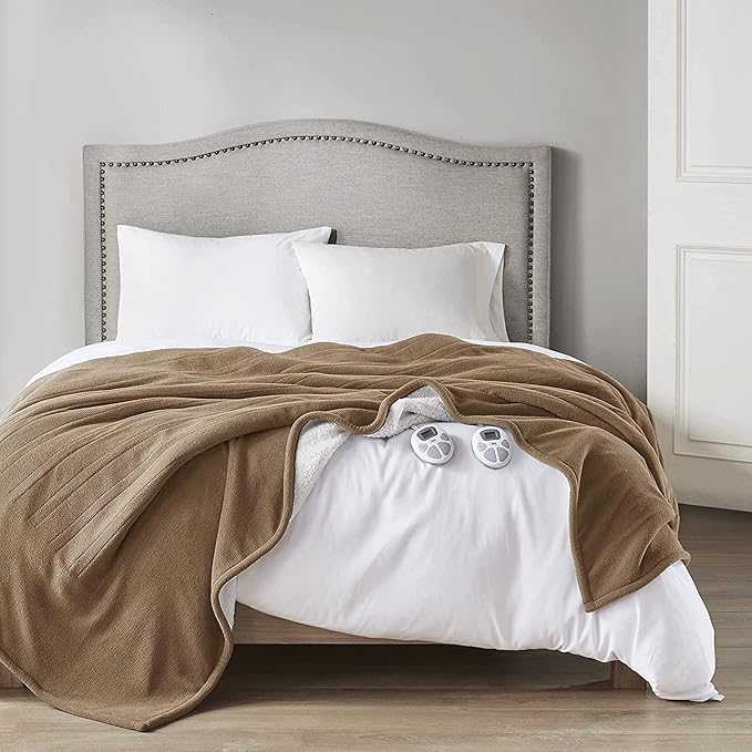 Serta Reversible Fleece to Sherpa Electric Blanket, Fast Heating, Auto Shut Off Timer, Multi Heat Setting, ETL Certified, Machine Washable, Stone Brown Queen 90"x 84"
