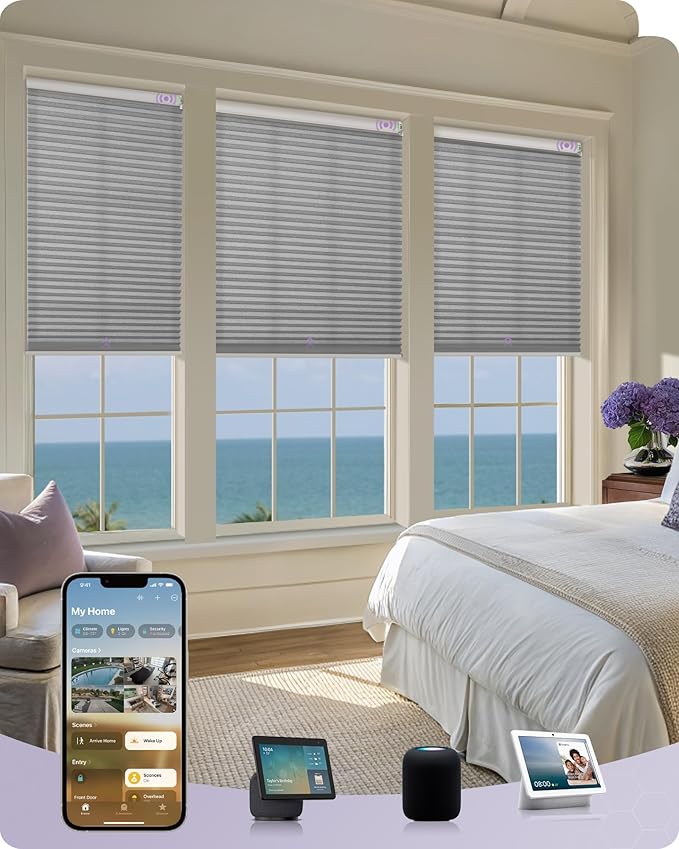 Graywind Motorized Matter Cellular Shades- 60% Blackout 1-3/4"Cell Honeycomb Blinds for Indoor Windows, Compatible with Alexa Google Siri, Custom Size,Dimout Grey