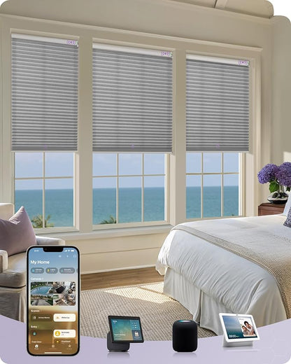 Graywind Motorized Matter Cellular Shades- 60% Blackout 1-3/4"Cell Honeycomb Blinds for Indoor Windows, Compatible with Alexa Google Siri, Custom Size,Dimout Grey