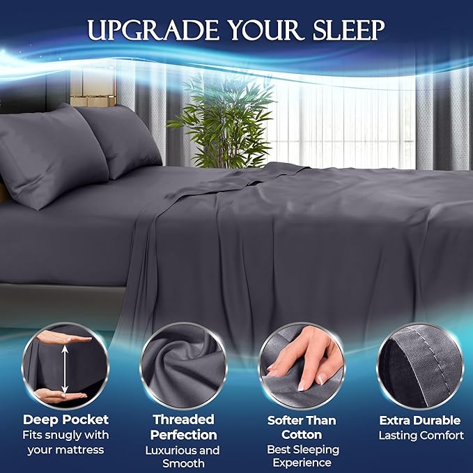 DECOLURE Cooling Sheets Full Set 4pcs - Luxurious & Ultra-Soft Full Size Cooling Sheets for Hot Sleepers - Comfortable Bamboo Viscose Microfiber Full Cooling Bed Sheets w/Deep Pockets (Graphite)
