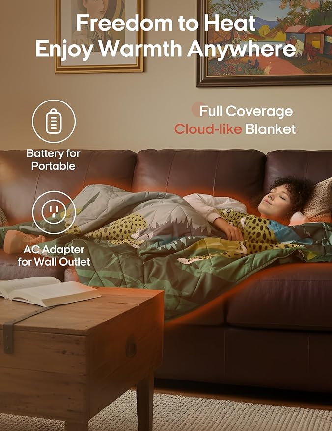 ZonLi Heated Blanket Battery Operated, Wearable Portable Electric Blanket with Rechargeable Battery, 50"x60" Cordless Heated Blanket, Waterproof, Machine Washable(Strolling Forest)