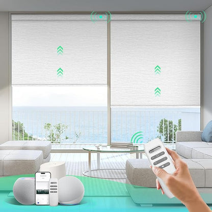 HeyBlinds Motorized Blinds with Remote, 100% Blackout Smart Blinds, Automatic Shades for Windows Compatible with Alexa Google and Homekit, Custom Size(Light Chaser-Perla Bianca BO)