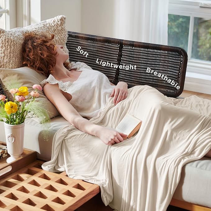 Bedsure Beige Cooling Blanket for Hot Sleepers - Summer Cold Linen Beige Throw Blanket for Couch, Arc-Chill Lightweight Bedding, Cool Thin Ice Cold Cooled Throws with Rayon Derived from Bamboo, 50x70