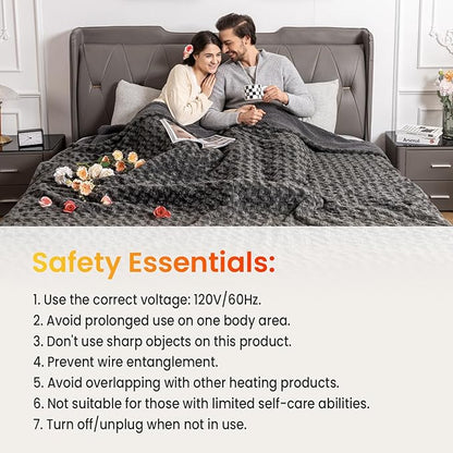 WOOMER Heated Blanket King Size 100" x 90", Electric Blanket with Dual Controls, 0.5-12 Hours Timer & 10 Heating Levels, ETL Certified, Dark Grey Rose Patterns Faux Fur & Sherpa, Machine Washable