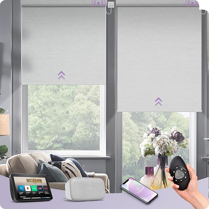 Graywind Motorized Shades 100% Blackout Compatible with Alexa Google WiFi Hardwired Smart Roller Shade Remote Control Automated Window Blinds with Valance, Customized Size (Pure White)