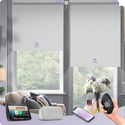 Graywind Motorized Shades 100% Blackout Compatible with Alexa Google WiFi Hardwired Smart Roller Shade Remote Control Automated Window Blinds with Valance, Customized Size (Pure White)