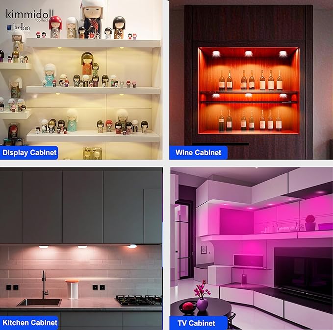 4 PCS Aluminum Round WiFi RGB Under Cabinet Lights Kit,Work with Alexa,Goog le Assistant,App and 2.4G RF Remote,Music Sync LED Light with Timmer Dimmable Under Counter Lights for Kitchen Bedroom