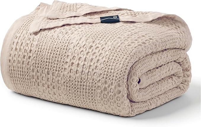 Joiedomi Cooling Waffle Blanket - Turkish Cotton Queen Size Soft Beige Blanket, Summer Breathable of Rayon Derived from Bamboo for Hot Sleepers, Luxuries Throw for Bed, Couch and Sofa, 90x90 Inches