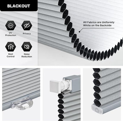 LazBlinds Cordless Cellular Shades, No Tools No Drill Blackout Honeycomb Shades Pleated Blinds for Windows, 21'' W x 48'' H, Dark Grey