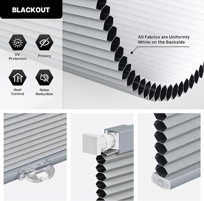 LazBlinds Cordless Cellular Shades, No Tools No Drill Blackout Honeycomb Shades Pleated Blinds for Windows, 33" W x 64" H, Dark Grey