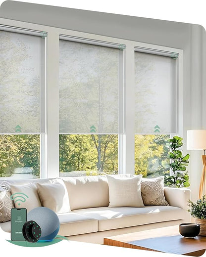 Yoolax Motorized Blinds with Remote, Smart Blinds for Windows Motorized Roller Shades, Automatic Window Shades Compatible with Alexa Custom Size for Living Room Office (Sheer-White)