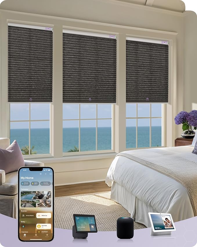 Graywind Motorized Matter Cellular Shades- 60% Blackout 1-3/4"Cell Honeycomb Blinds for Indoor Windows, Compatible with Alexa Google Siri, Custom Size,Dark Brown