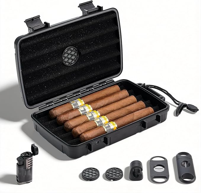 Arctic Loon Travel Cigar Humidor Kit – Holds 5 Cigars (60 RG), Crushproof & Waterproof Portable Cigar Case with Lighter (Without Gas), Cigar Cutter, V-Cutter, Magnetic Cigar Stand, Humidifier (CORE-5)