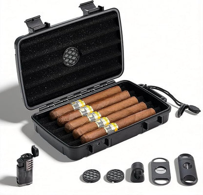 Arctic Loon Travel Cigar Humidor Kit – Holds 5 Cigars (60 RG), Crushproof & Waterproof Portable Cigar Case with Lighter (Without Gas), Cigar Cutter, V-Cutter, Magnetic Cigar Stand, Humidifier (CORE-5)