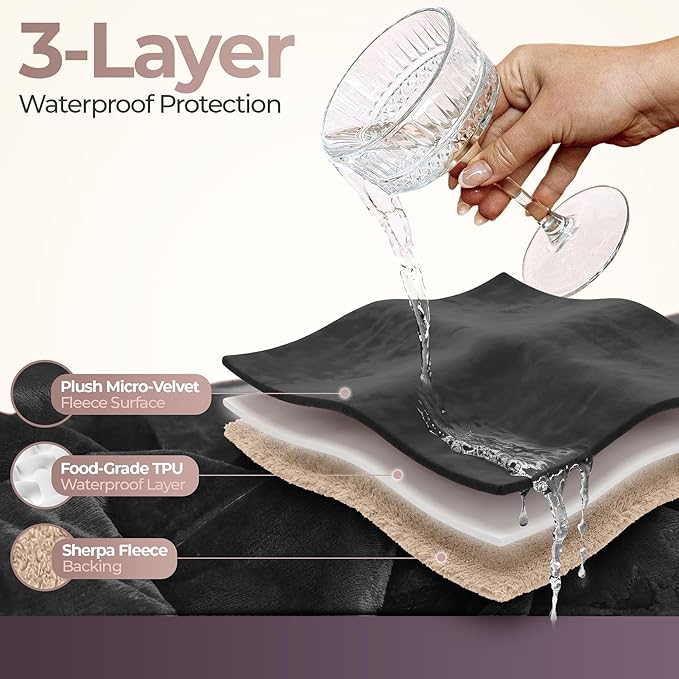 VIP Waterproof Blanket for Bed – Leak & Stain Proof Splash Throw – Fuzzy Cuddle Dry Towel, Pad, Couch Cover – Queen & Twin Size – Washable – Black Waterproof Mattress Protector -50x80 in