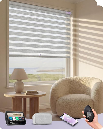 Graywind Motorized Blinds with Remote, Smart Zebra Shades for Windows, Roller Blinds Compatible with Apple Homekit, Alexa, Google Home, Custom Size, Linen Weave Gray