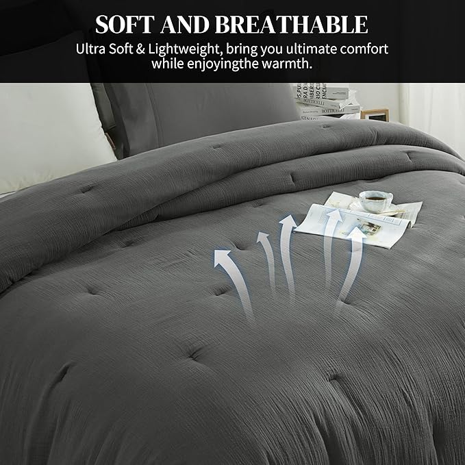 HOMBYS 100% Cotton Muslin Comforter Oversized King 128x120, Lightweight and Breathable Down Alternative Comforter,Soft Gauze Summer Dark Grey Reversible Fluffy Duvet Insert