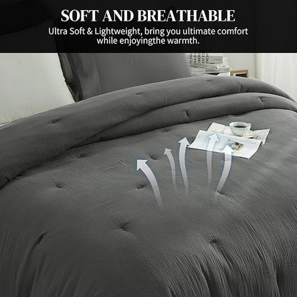 HOMBYS 100% Cotton Muslin Comforter Oversized King 128x120, Lightweight and Breathable Down Alternative Comforter,Soft Gauze Summer Dark Grey Reversible Fluffy Duvet Insert