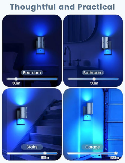 Night Light, LED Night Lights Plug into Wall 2 Pack Blue 0-100LM Adjustable Brightness Light Sensor Plug in Night Light for Hallway, Bathroom, Adult