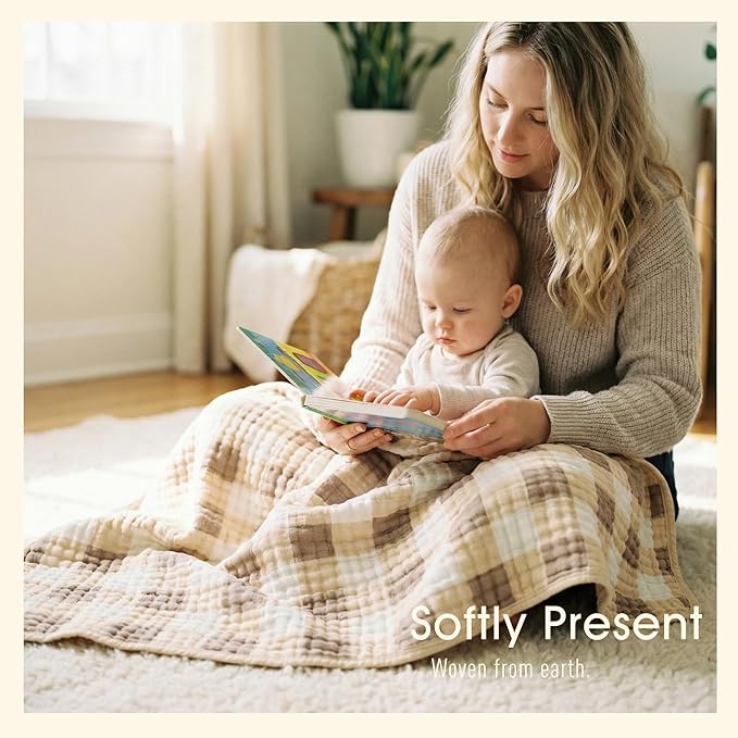 Ultra Soft Muslin Baby Blanket Made with Organic Cotton - Neutral Earth Tone Checkered Swaddle & Nursery Quilt, 43x43 (Beige-Coffee Checkered)