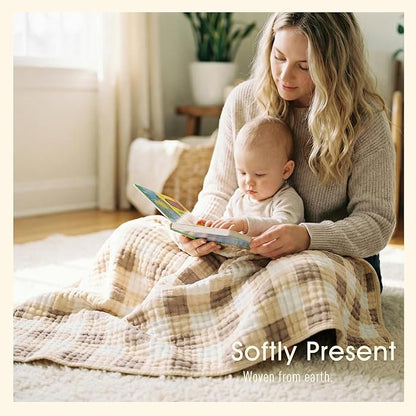 Ultra Soft Muslin Baby Blanket Made with Organic Cotton - Neutral Earth Tone Checkered Swaddle & Nursery Quilt, 43x43 (Beige-Coffee Checkered)
