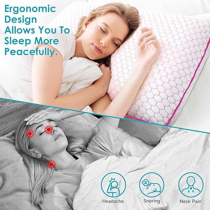 Memory Foam Pillows for Side, Back and Stomach Sleepers, Set of 2, Bed Pillow with Washable Cover and Breathable Mesh, Bed Pillow for Sleeping (Pink，King Size)