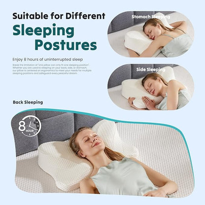 DUMOS Cervical Neck Pillow, Cooling Ergonomic Memory Foam Pillows for Neck Pain Relief with Breathable Pillowcase, Dual Height Orthopedic Support Contour Pillow for Side, Back, Stomach Sleepers, White
