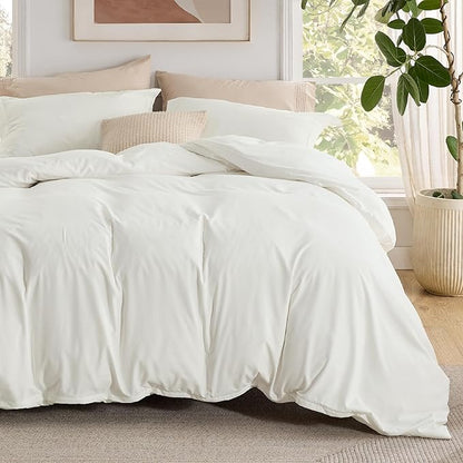 Bedsure Duvet Cover with Fitted Sheet Queen - Deep Pocket, Hotel Luxury Soft Double Brushed Bedding Set with Zipper Closure, 1 Duvet Cover, 1 Fitted Sheet, 2 Pillow Shams, NO Comforter, Ivory White