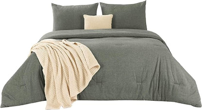 Bedsure 5 PCS Cotton Comforter Set with Waffle Throw Blanket - Breathable Bedding Set for All Seasons, Olive Green Queen Comforter, Pillow Shams, Beige 100% Cotton Blanket, Throw Pillow