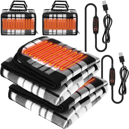 Tuanse 2 Pcs USB Heated Blanket 25"x35" Small Portable 5v 3 Setting Electric Blanket with Timer and Temperature Controller Winter Wearable Recharge Throw for Travel Home(White and Black Stripes)