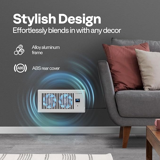 VIVOHOME 4"x10" Opening Smart Vent Register Booster Fan with Intelligent Thermostat & 10-Speed Remote Control - 11.4" x 5.5‘’ Vent Cover for Room, Floor, Wall - White
