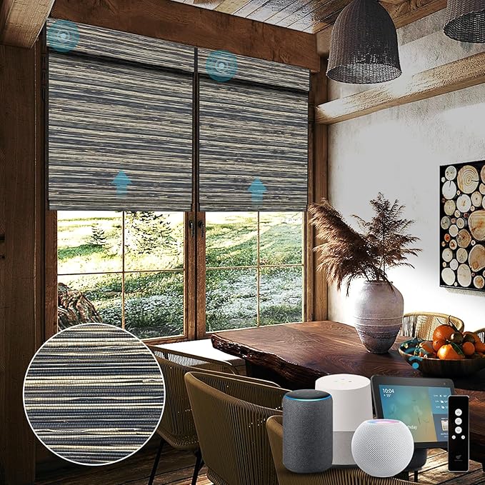 SmartWings Motorized Natural Woven Wood Shades Work with Matter Thread Homekit Z-Wave Alexa Google, 50%/70%/100% Blackout Electric Auto Roman Shades Cordless Remote Control Customized, Bamboo 026