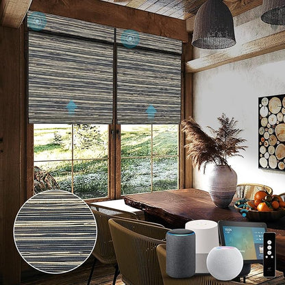 SmartWings Motorized Natural Woven Wood Shades Work with Matter Thread Homekit Z-Wave Alexa Google, 50%/70%/100% Blackout Electric Auto Roman Shades Cordless Remote Control Customized, Bamboo 026