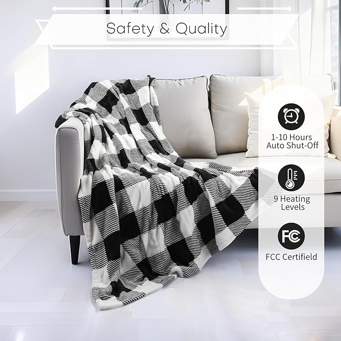 LUXIAN Electric Heated Blanket Full Size 72"x84" - Microplush & Sherpa Fabric Dual-Sided, 9 Heat Settings & 1-10 Hours Auto Off, Machine Washable, Styiped Check