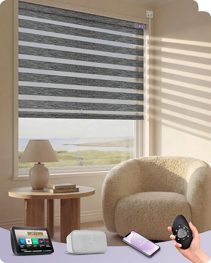 Graywind Motorized Blinds with Remote, Smart Zebra Shades for Windows, Hardwired Roller Blinds Compatible with Apple Homekit, Alexa, Google Home, Custom Size,Night Fog