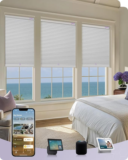 Graywind Motorized Matter Cellular Shades- 100% Blackout 1-3/4"Cell Honeycomb Blinds for Indoor Windows, Compatible with Alexa Google Siri, Custom Size,Pearl White