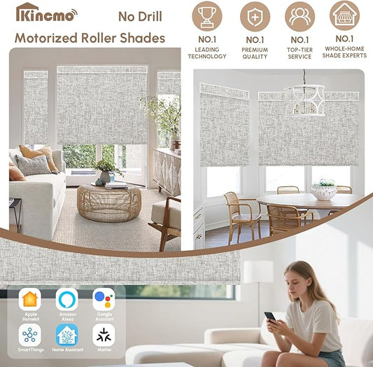 Kincmo No Drill Motorized Blinds with Remote, 100% Blackout Roller Shades for Windows, Custom Electric Blinds Compatible with Alexa, Apple Homekit, Google Home (100% Blackout Mist Ash Grey)