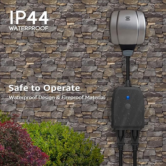 LITEdge Outdoor Smart Plug, WiFi 2-in-1 Plug Power Outlet, Compatible with Google Home & Alexa, APP Cordless Remote Control Smart Outlet Socket, Remote Control, Timer, Waterproof