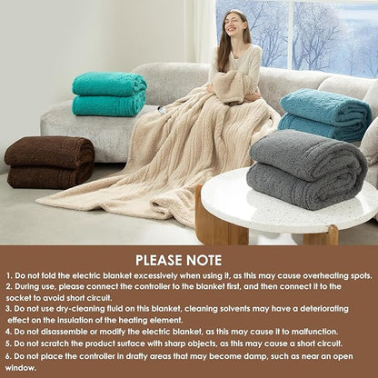 Queen Size Electric Blanket Single Control - 84"X90" Soft Double Sided Sherpa Heated Blanket with 6 Heating Levels & 10 hrs Timer Settings, Washable & ETL Certified for Bed, Green