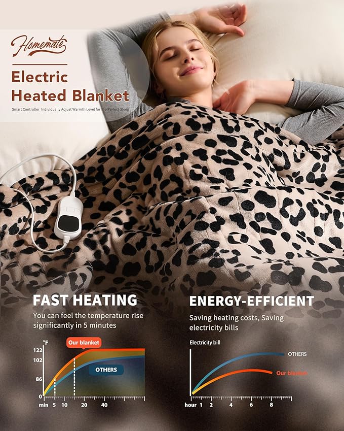 Homemate Electric Heated Blanket Queen Size - 84"x90" Heating Blanket Queen Size Dual Control 1/2/4/6/8 Hours Auto-Off 10 Heat Level Over-Heat Protection Flannel Sherpa ETL Certification